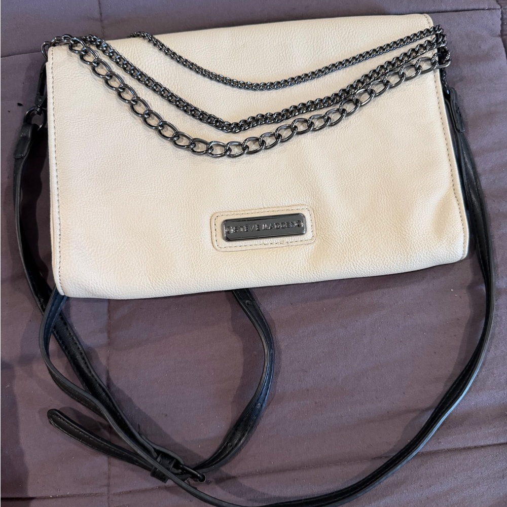 Steve Madden Cream Crossbody with Black Trim and Gunmetal Chain